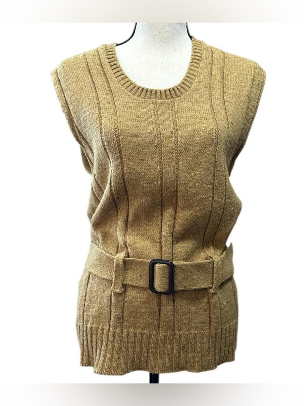 Vintage 70s Retro Belted Sweater Tunic Tan Ribbed Knit Sleeveless Tunic | S/M